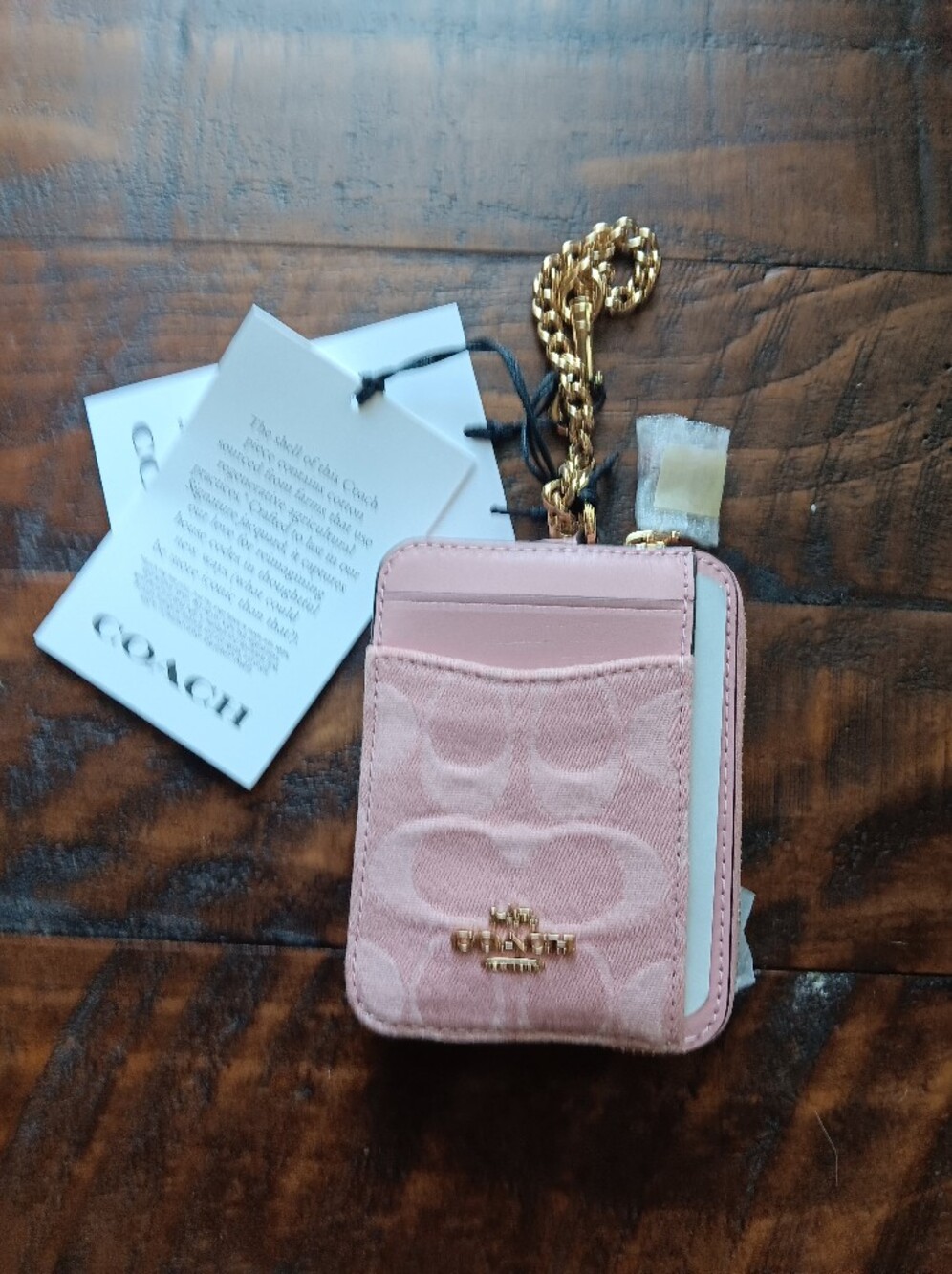 Coach Blush Pink Signature Card Case with Gold Chain